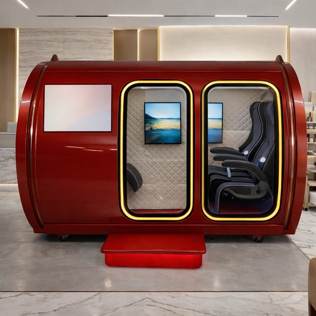 Lifemax Duo chamber in a marble luxury spa with two reclining seats visible through gold-trimmed windows.