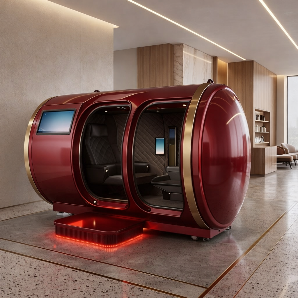 Lifemax Duo red and gold barrel-style chamber installed in a modern wellness suite.