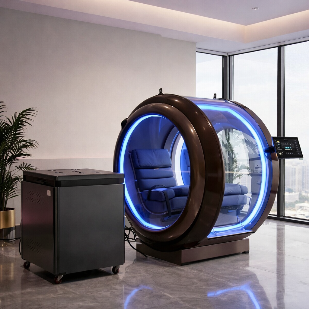 Lifemax Solo chamber with bright blue LED ring lighting in a high-rise office with floor-to-ceiling city view.
