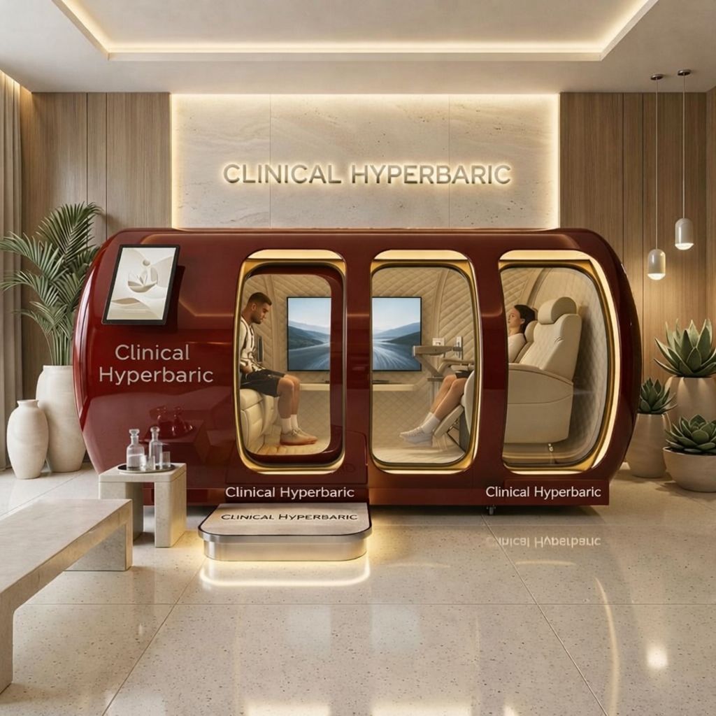 Lifemax Cube Duo installation in the Clinical Hyperbaric showroom with warm wood, travertine, and brass accents.
